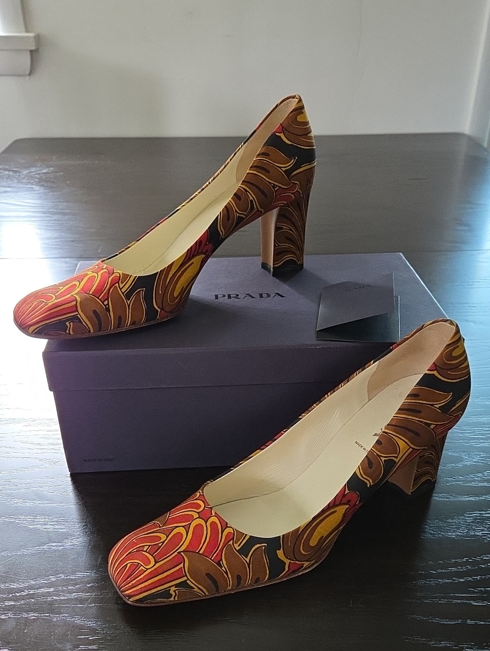 Prada Multicolor Floral Block Heel Pumps - Red, Brown, Gold
